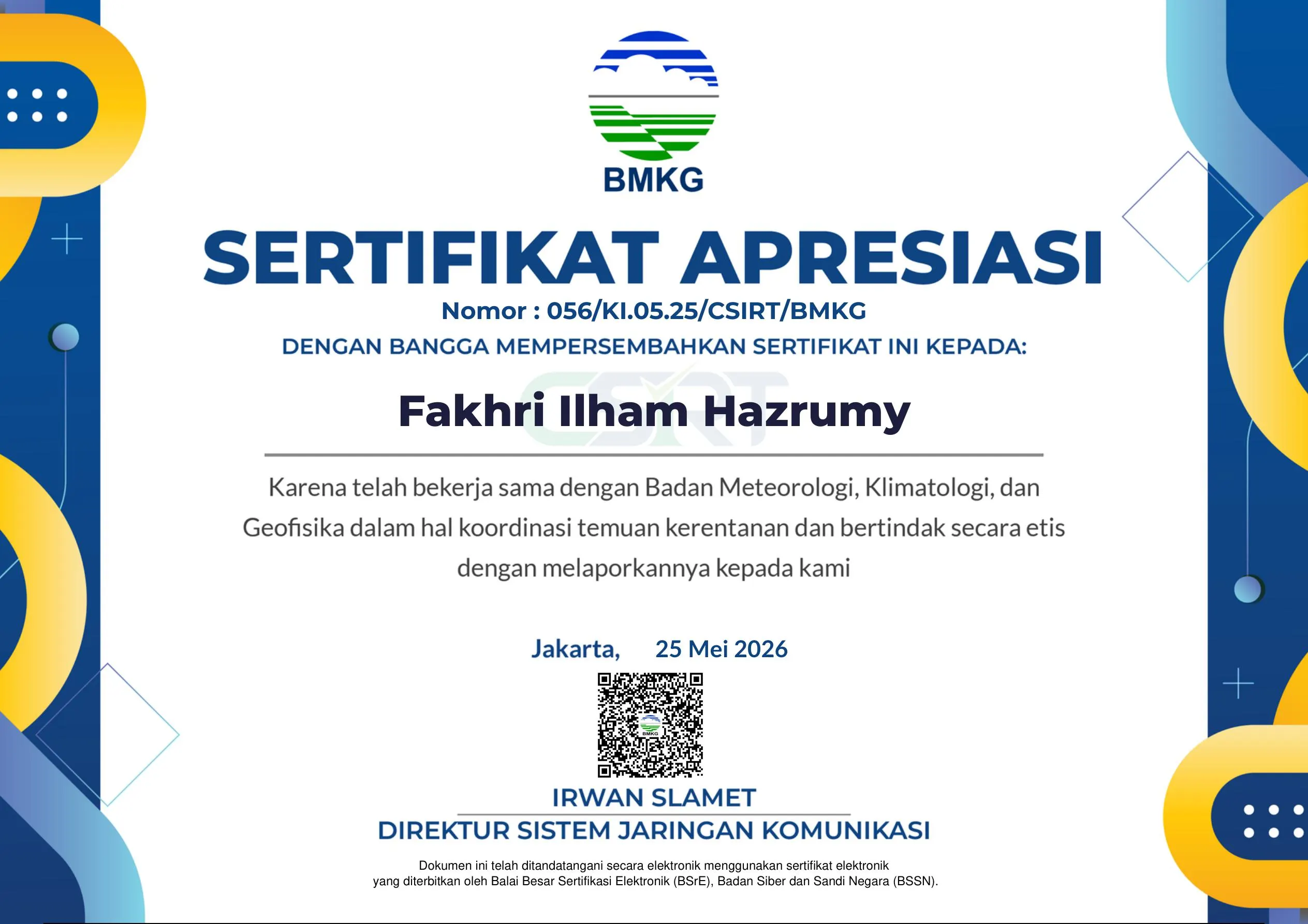 Sertifikat Apresiasi atas temuan keamanan pada situs BMKG